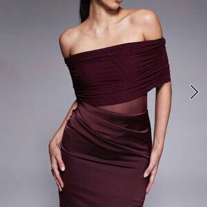 ✨ Aria & Cove Bardot Sheer Panel Drape Fishtail Satin Maxi Dress – Plum (US 8) ✨